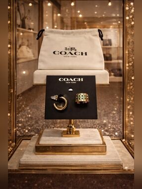 Coach Gold Tone Earrings with Green Enamel Accents & Dustbag